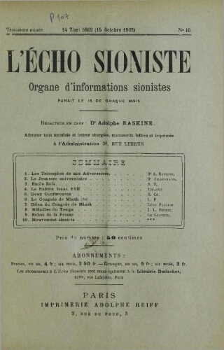 L'Echo Sioniste. Vol. 3 n° 10 (15 octobre 1902)